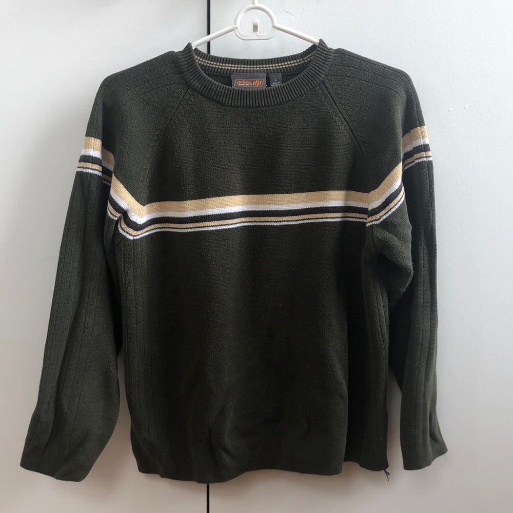 Olive Green Striped Crewneck Sweater!